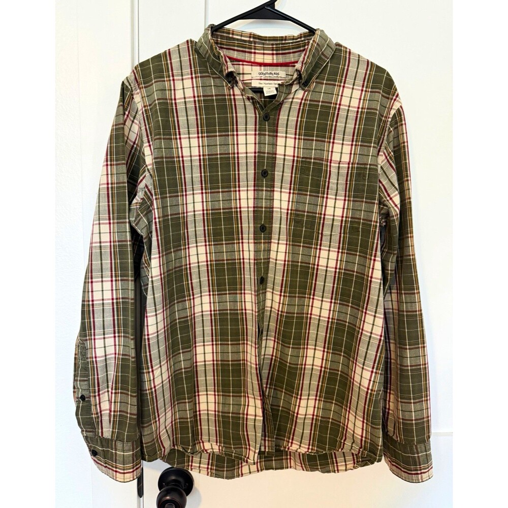Goodthreads Men's Plaid Long Sleeve Button-Up Shirt Button-Down Collar Size L